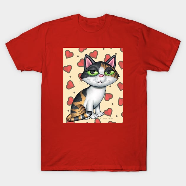 Beautiful Calico Kitty with Red Hearts T-Shirt by Danny Gordon Art
